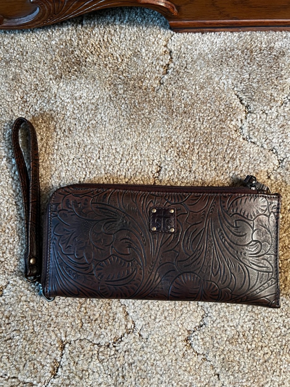 STS Ranchwear Embossed Dark Brown Leather Wristlet Wallet